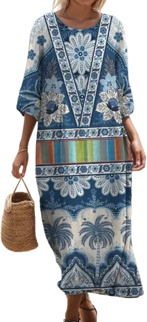 TIAFORD Womens Boho Floral Print 3/4 Sleeve Crew Neck Midi Dress Summer Beach Vacation Flowy Casual Baggy Tshirt Dresses