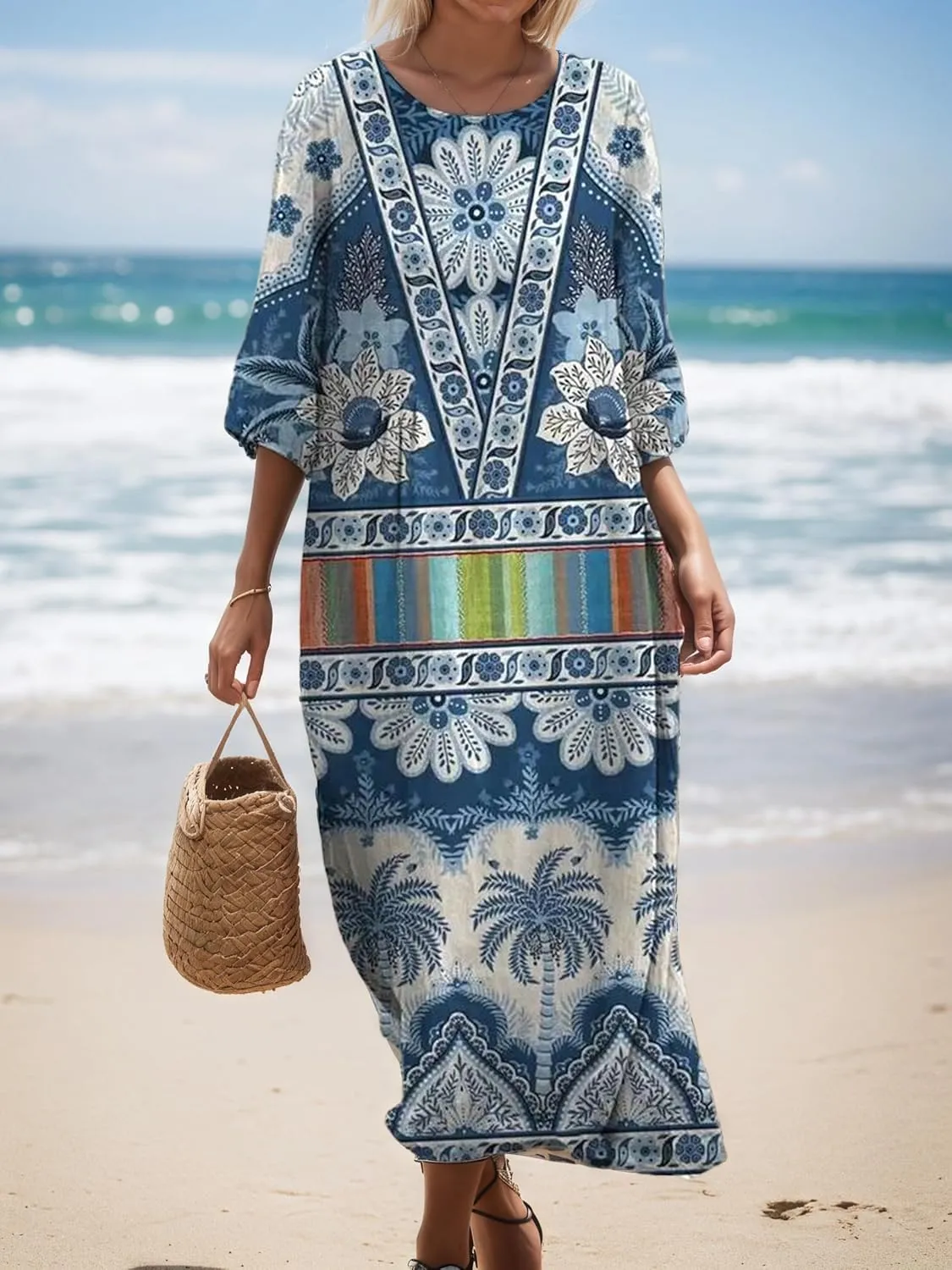TIAFORD Womens Boho Floral Print 3/4 Sleeve Crew Neck Midi Dress Summer Beach Vacation Flowy Casual Baggy Tshirt Dresses