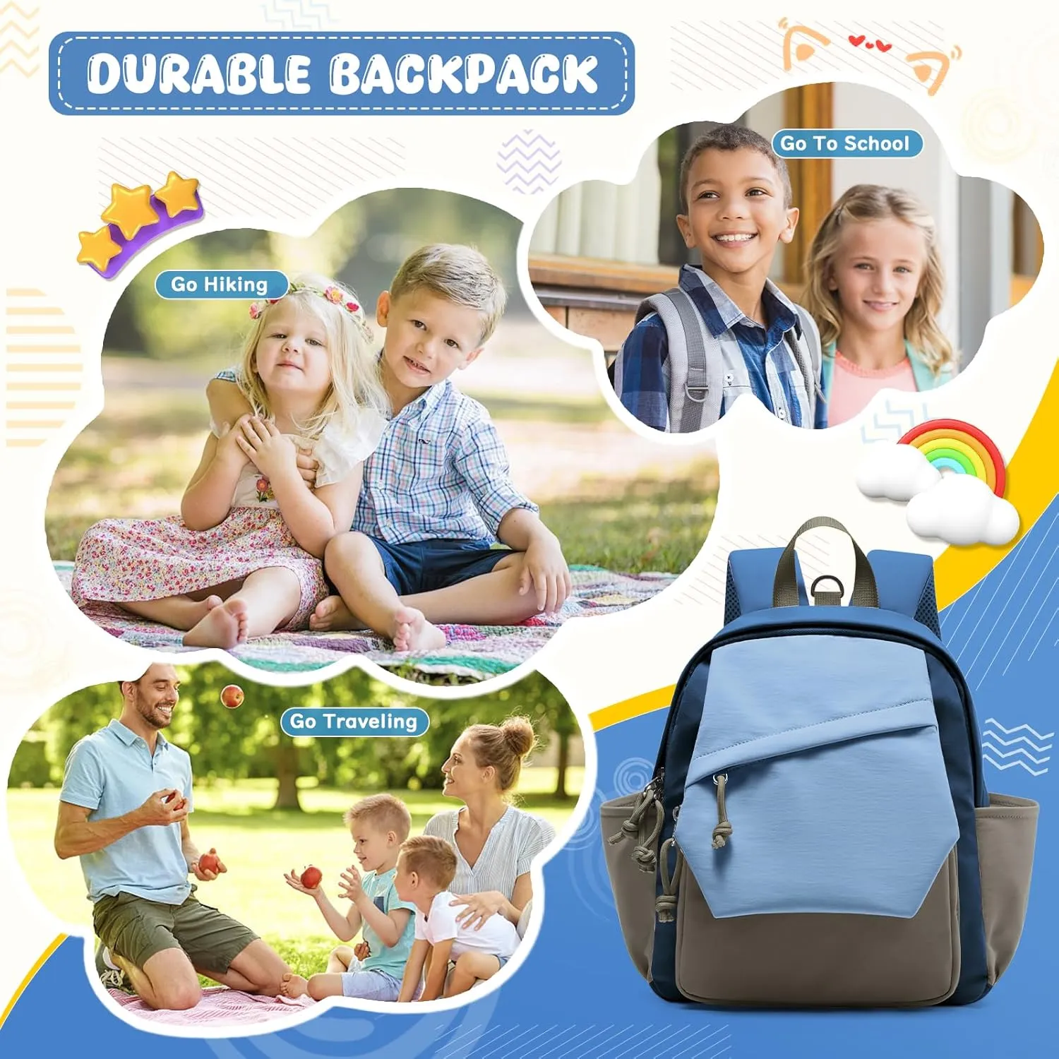 Toddler Backpack for Boys Girls 2-4, Small Kids Backpack for School, Preschool Kindergarten Backpack, Toddler Mini Bookbag Travel Daypack for Kids Blue Khaki
