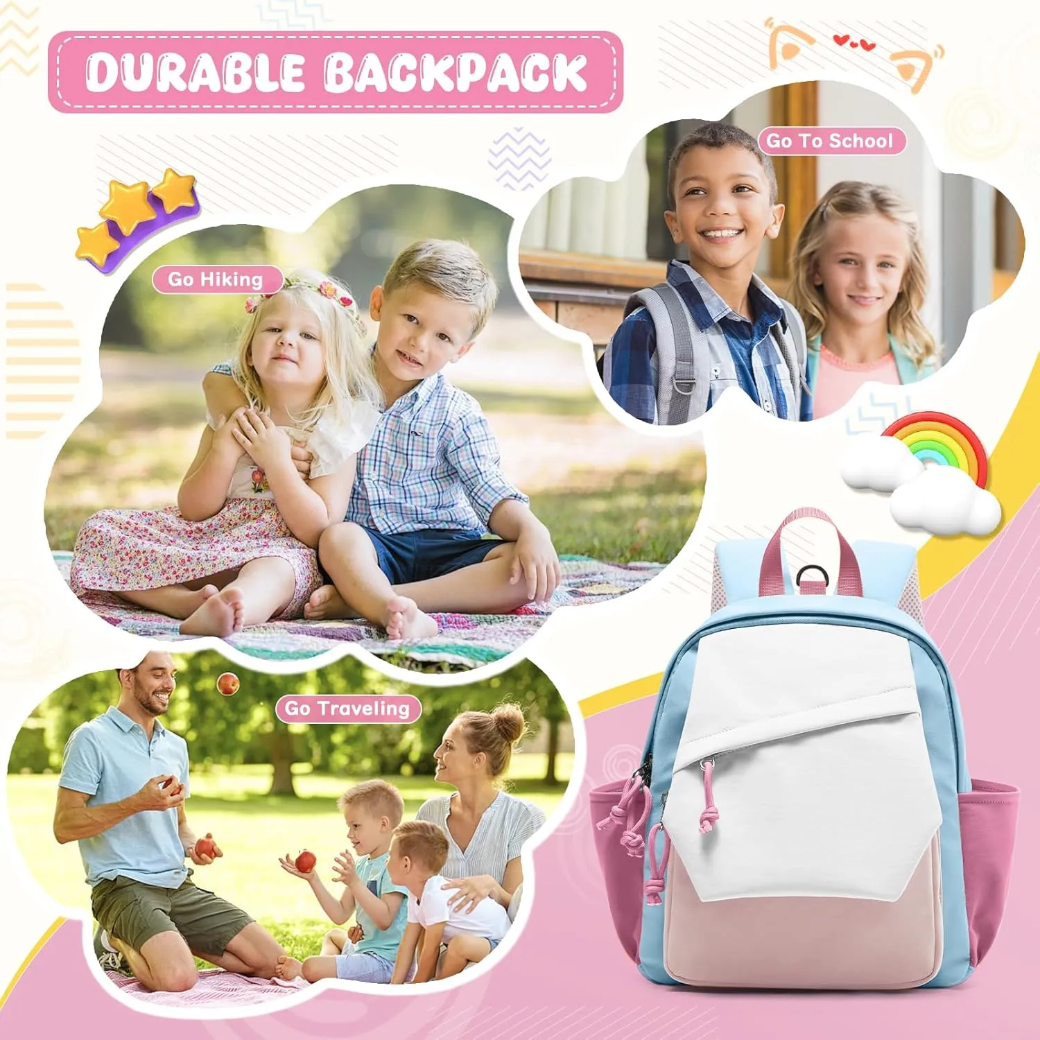 Toddler Backpack for Boys Girls 2-4, Small Kids Backpack for School, Preschool Kindergarten Backpack, Toddler Mini Bookbag Travel Daypack for Kids Pink Blue