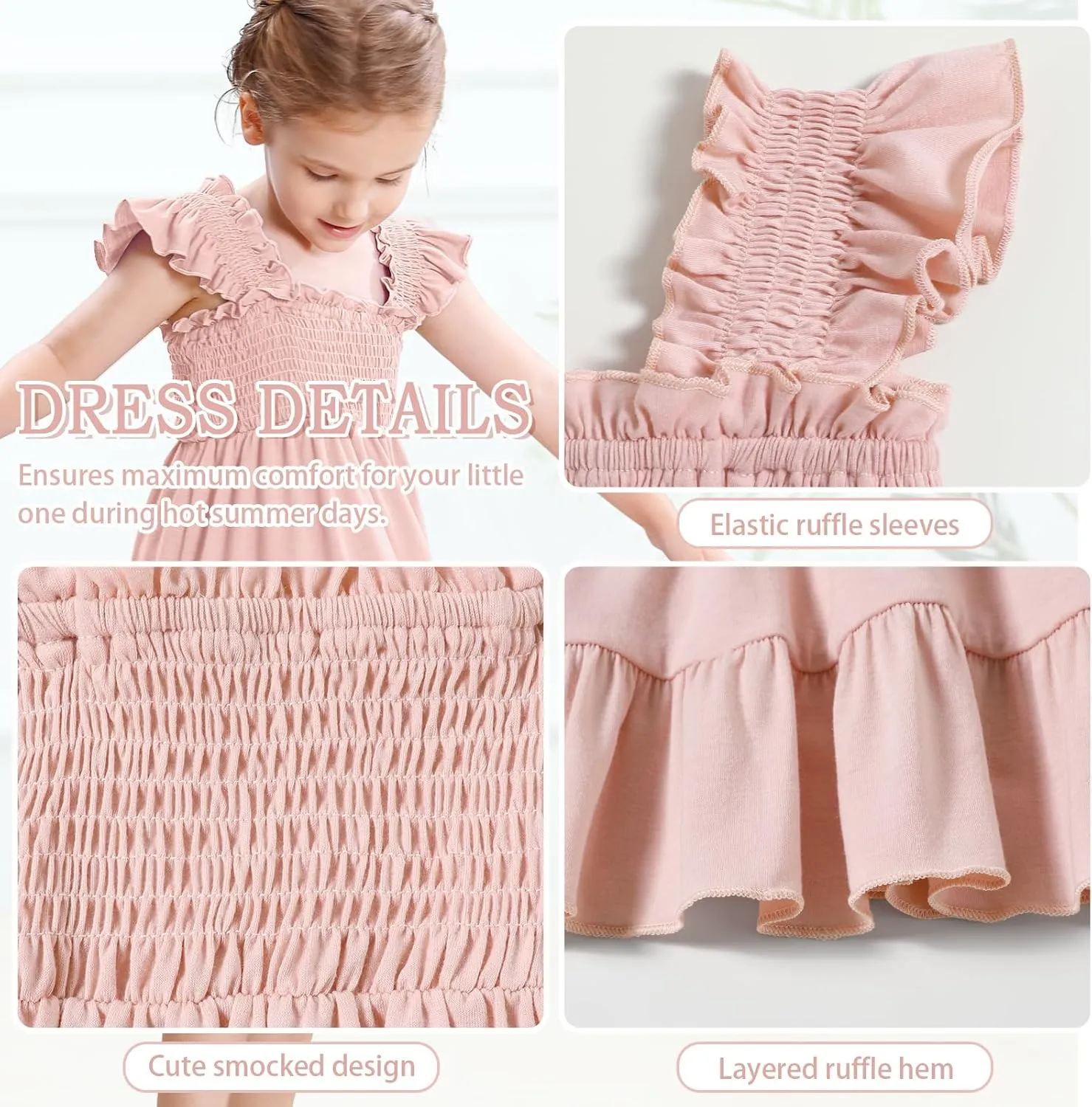 Toddler Girl Summer Dress Sleeveless Smocked Baby Dresses Square Neck Kids Tiered Boho Sundress Beach Casual Birthday