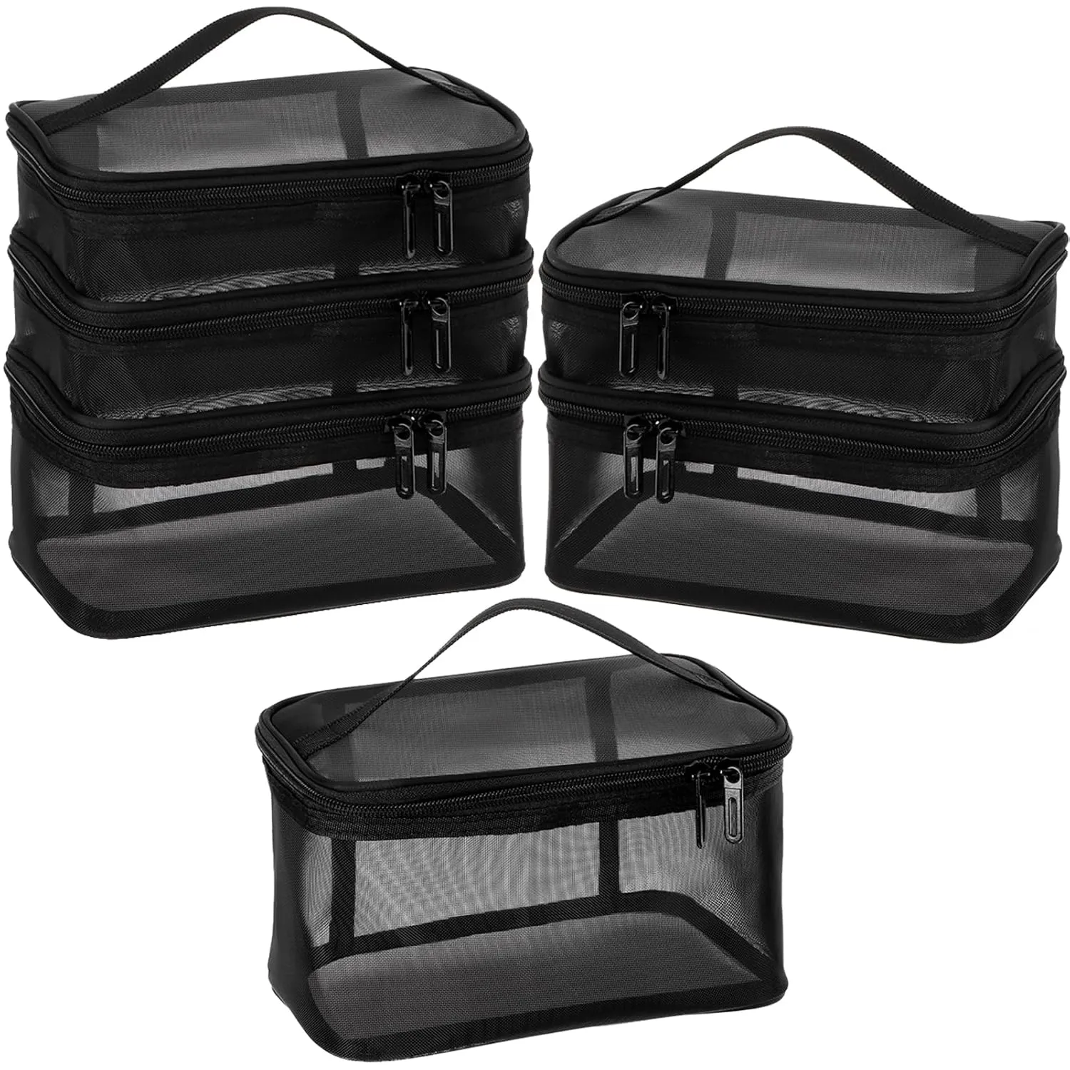 Tosnail Set of 3 Mesh Zipper Bag with Handle, Black Mesh Pouch, Travel Toiletry Bag, Cosmetic Organizer Case, Portable Small Shower Caddy for Makeup, Skincare, Beauty Product, Office, Arts and Crafts