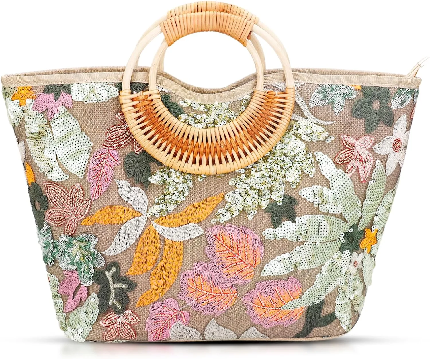 Tote Bag for Women, Beach Bag, Sequin Embroidery Straw Bag, Hand-Woven Rounded Bamboo Handle, Bohemian Handbag Large Capacity Shoulder Bag Suitable for Travel Daily(Green)