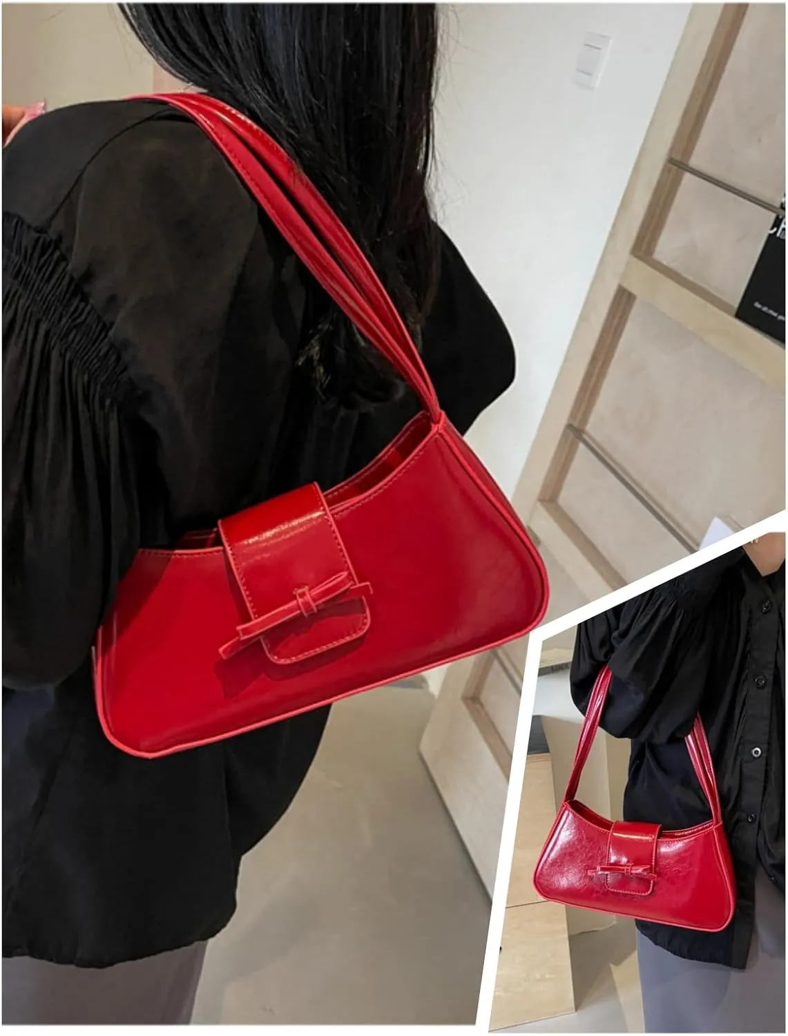 Trendy Y2K Bow Purse Women Cute Underarm Handbag 2025 Summer Vegan Patent Leather Shoulder Bag Small Red Hobo Clutch Bag