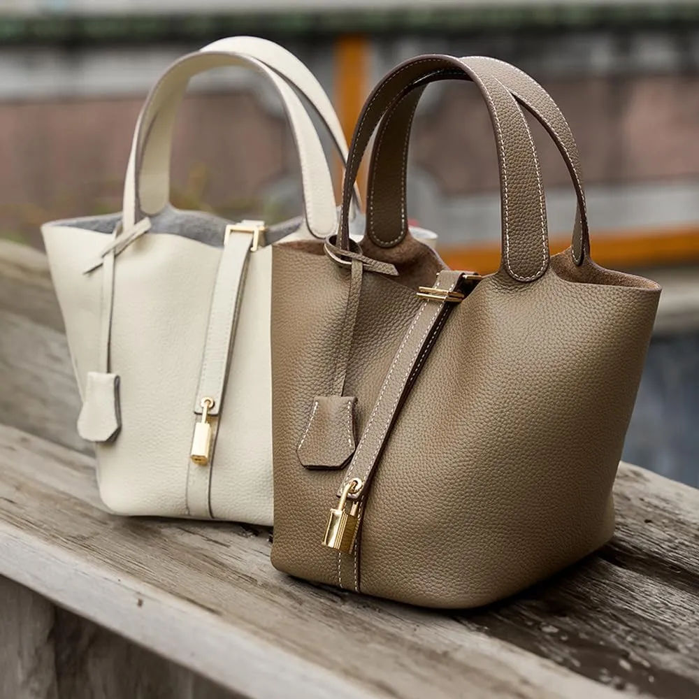 Trumpet Women's Handbag, Genuine Leather Lock Design Bucket Bag Vegetable Basket, Leather Lychee Pattern2025