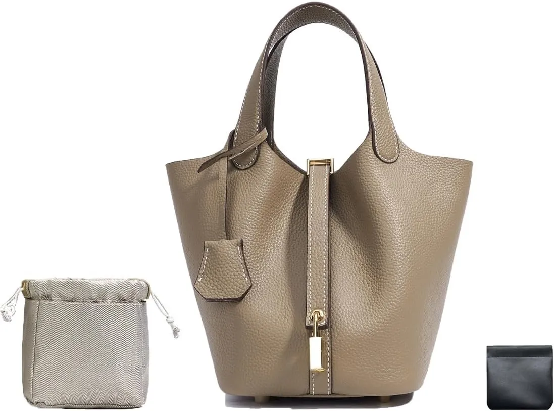 Trumpet Women's Handbag, Genuine Leather Lock Design Bucket Bag Vegetable Basket, Leather Lychee Pattern2025