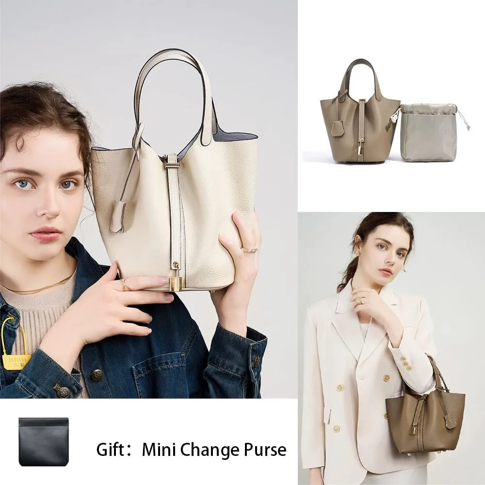 Trumpet Women's Handbag, Genuine Leather Lock Design Bucket Bag Vegetable Basket, Leather Lychee Pattern2025