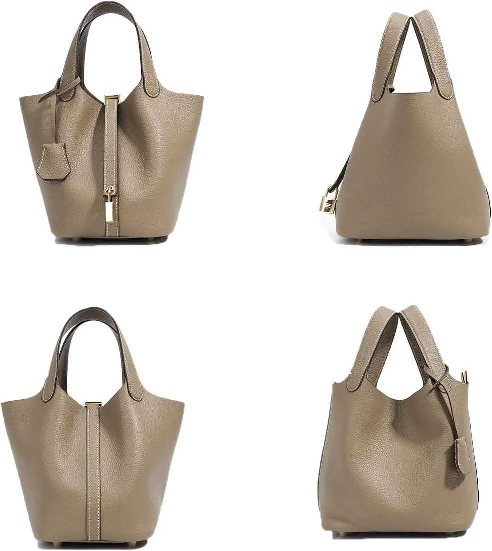 Trumpet Women's Handbag, Genuine Leather Lock Design Bucket Bag Vegetable Basket, Leather Lychee Pattern2025