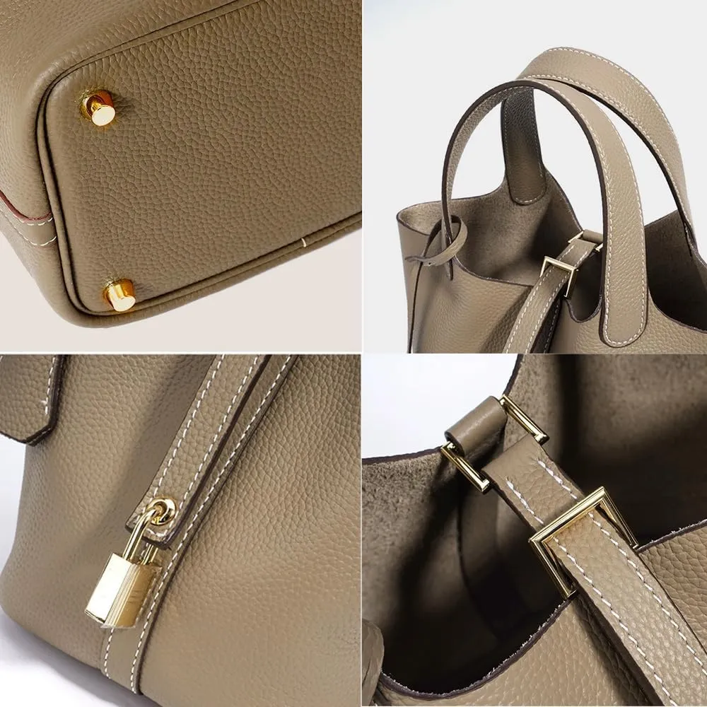 Trumpet Women's Handbag, Genuine Leather Lock Design Bucket Bag Vegetable Basket, Leather Lychee Pattern2025