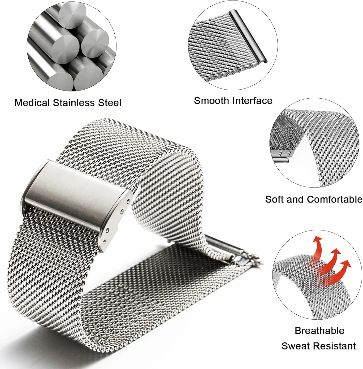TStrap Mesh Watch Band Metal - Black Quick Release Watch Bands for Men Women - Stainless Steel Smart Watches Strap Bracelet Replacement - 10mm 12mm 14mm 16mm 18mm 20mm 22mm