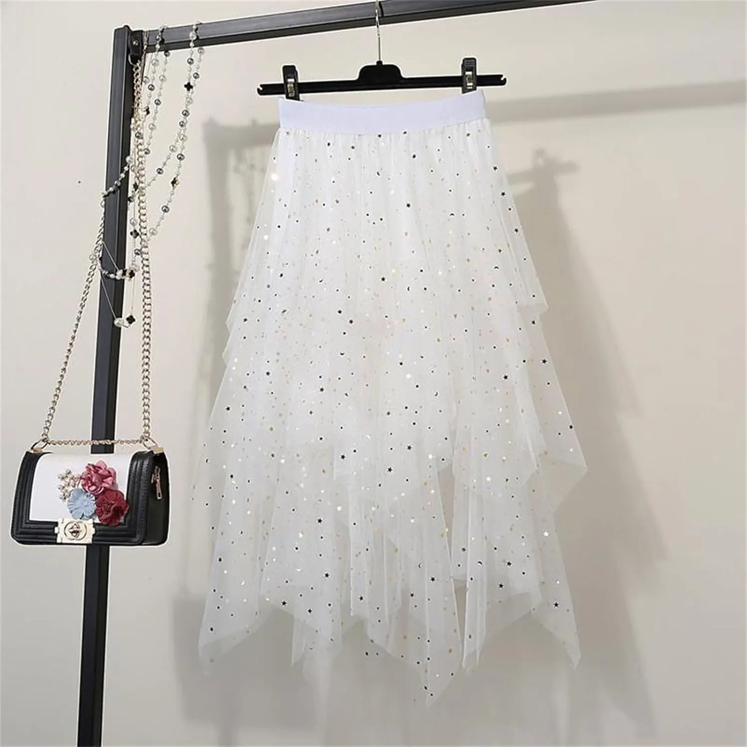 Tulle Midi Skirts for Women 2025 Summer Elastic High Waisted Sequin Asymmetrical Ruffle Tiered Skirt