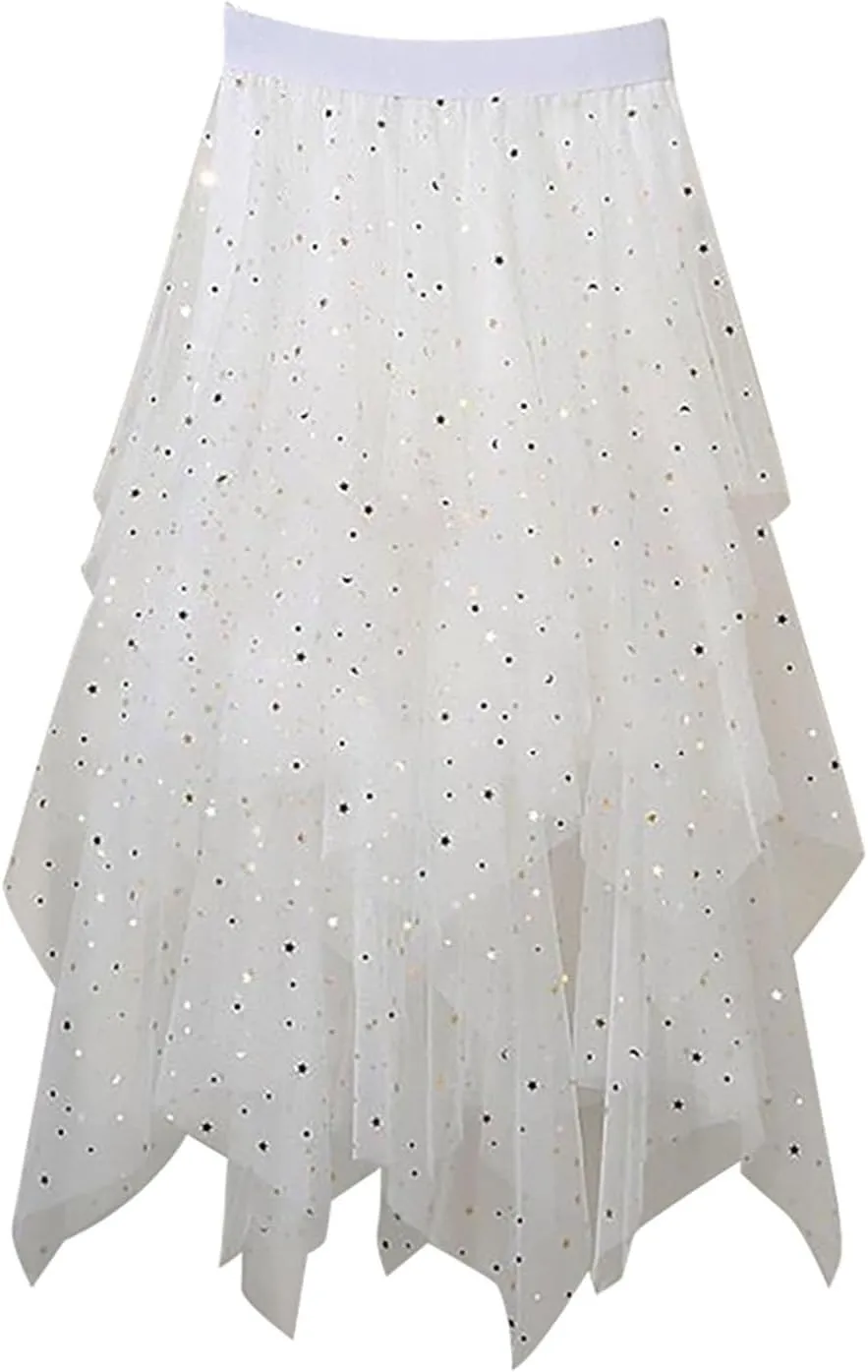 Tulle Midi Skirts for Women 2025 Summer Elastic High Waisted Sequin Asymmetrical Ruffle Tiered Skirt