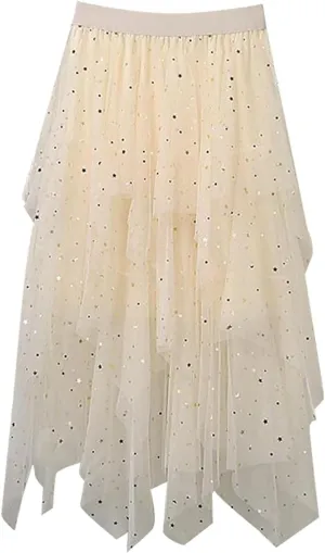 Tulle Midi Skirts for Women 2025 Summer Elastic High Waisted Sequin Asymmetrical Ruffle Tiered Skirt