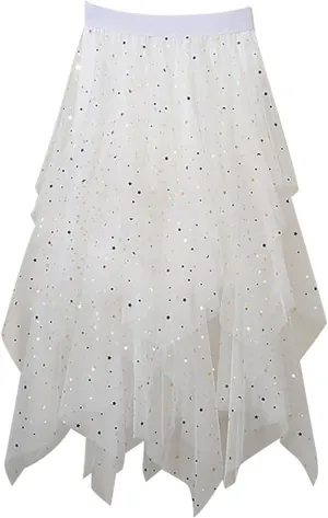 Tulle Midi Skirts for Women 2025 Summer Elastic High Waisted Sequin Asymmetrical Ruffle Tiered Skirt