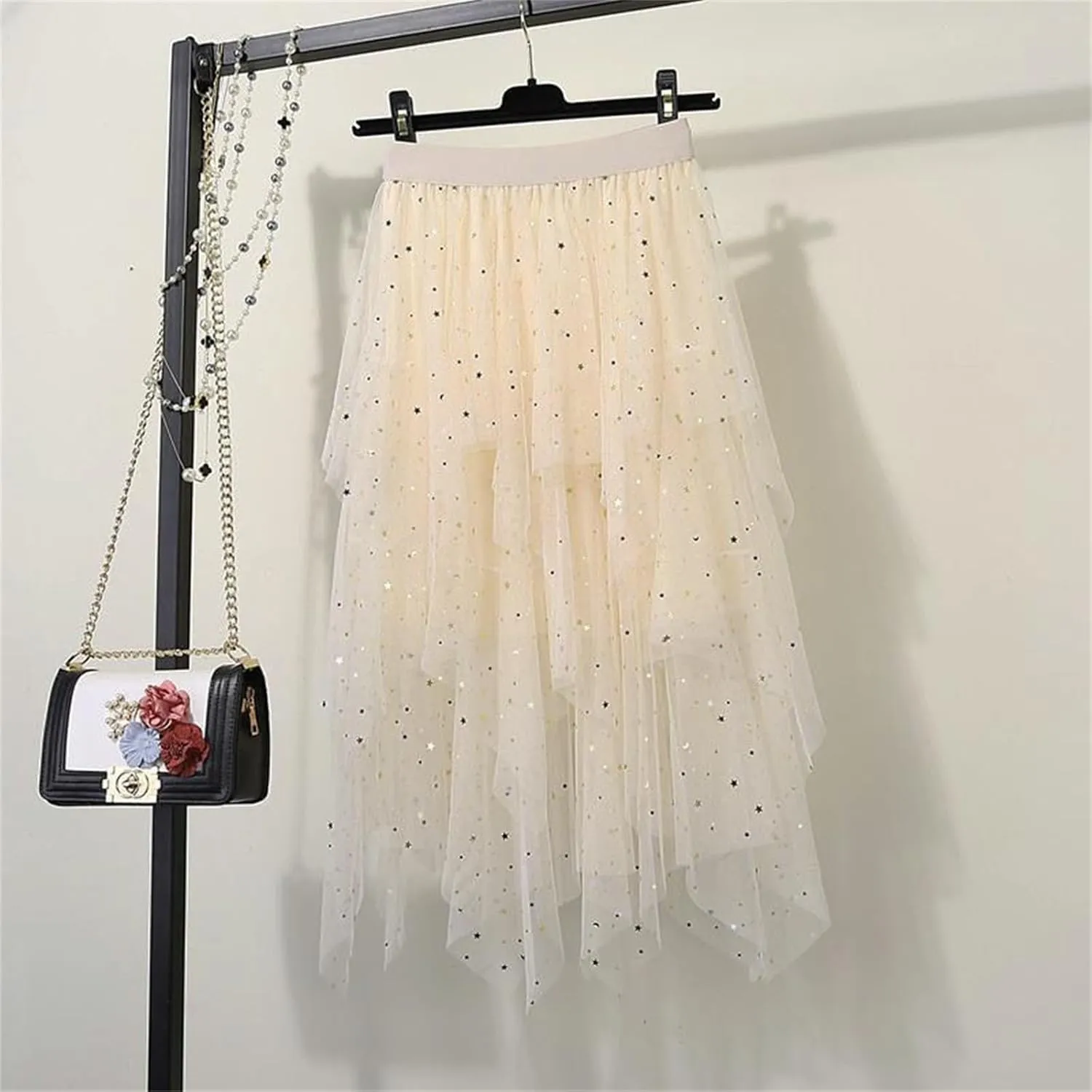 Tulle Midi Skirts for Women 2025 Summer Elastic High Waisted Sequin Asymmetrical Ruffle Tiered Skirt