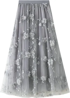 Tulle Skirts for Women 3D Floral Midi High Waist Skirt Cute Pleated A Line Layered Fairy Skirts 2025 Party Skirt