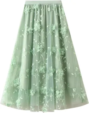 Tulle Skirts for Women 3D Floral Midi High Waist Skirt Cute Pleated A Line Layered Fairy Skirts 2025 Party Skirt