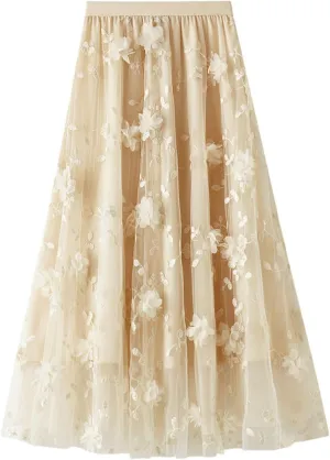 Tulle Skirts for Women 3D Floral Midi High Waist Skirt Cute Pleated A Line Layered Fairy Skirts 2025 Party Skirt