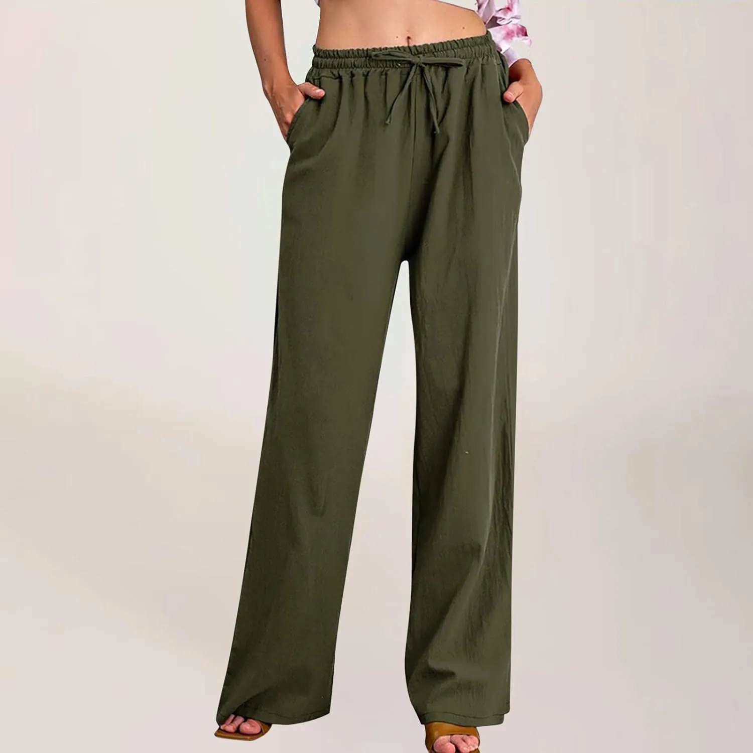 TUNUSKAT Womens Wide Leg Linen Pants Summer High Waist Cotton Palazzo Trousers Lounge Flowy Boho Slacks Beach Travel Outfits