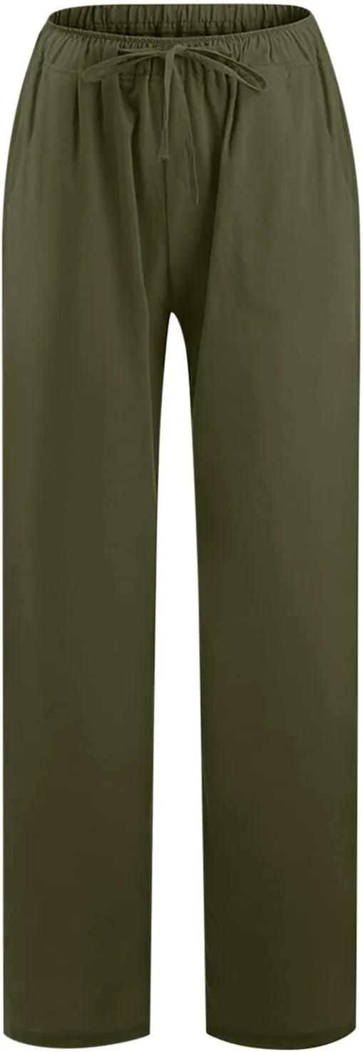 TUNUSKAT Womens Wide Leg Linen Pants Summer High Waist Cotton Palazzo Trousers Lounge Flowy Boho Slacks Beach Travel Outfits