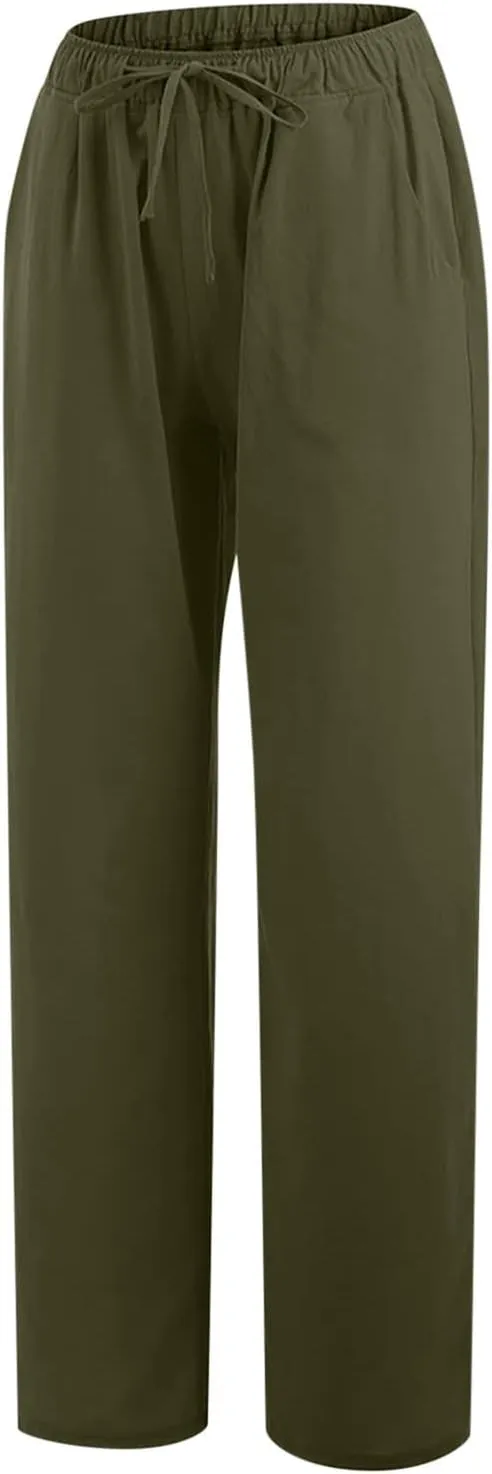 TUNUSKAT Womens Wide Leg Linen Pants Summer High Waist Cotton Palazzo Trousers Lounge Flowy Boho Slacks Beach Travel Outfits