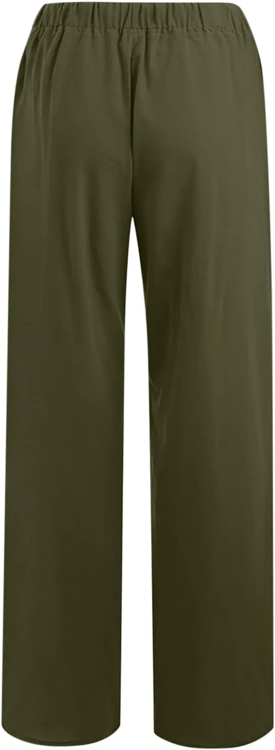 TUNUSKAT Womens Wide Leg Linen Pants Summer High Waist Cotton Palazzo Trousers Lounge Flowy Boho Slacks Beach Travel Outfits