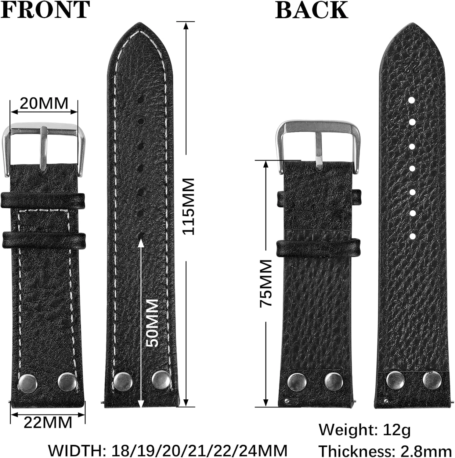 uEmoh Handmade Vintage Style Genuine Leather Cowhide Replacement Watch Strap (Men's & Women's) - 18mm 19mm 20mm 21mm 22mm 24mm