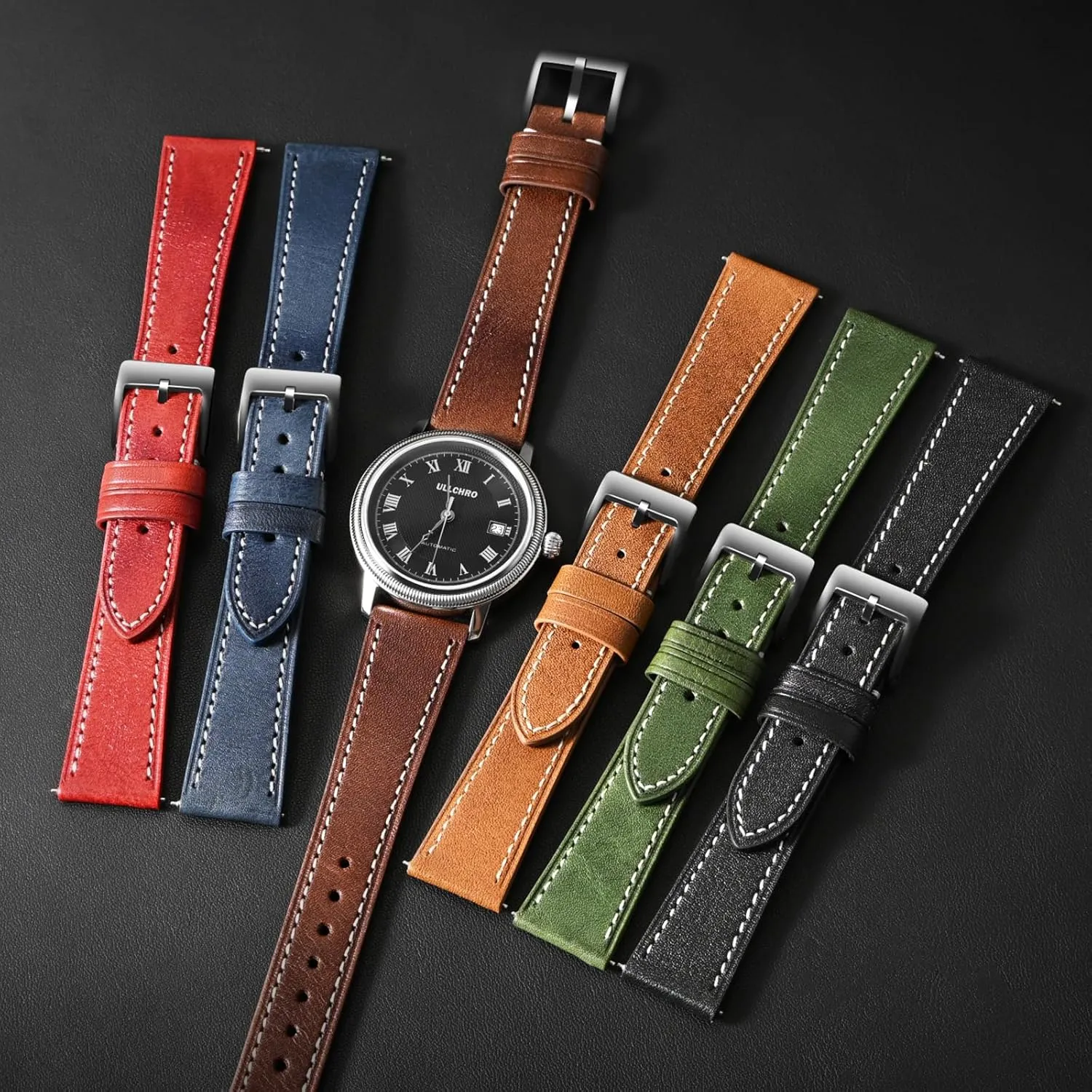 ULLCHRO Leather Watch Straps for Men & Women - Quick Release - Stainless Steel Buckle - Replacement Strap - Band With 17mm, 18mm, 19mm, 20mm, 21mm, 22mm