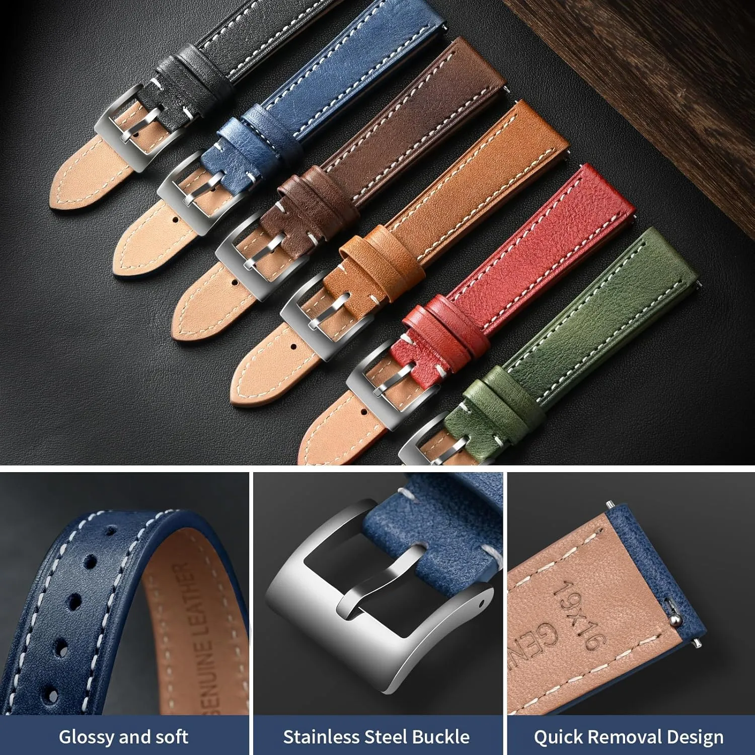 ULLCHRO Leather Watch Straps for Men & Women - Quick Release - Stainless Steel Buckle - Replacement Strap - Band With 17mm, 18mm, 19mm, 20mm, 21mm, 22mm