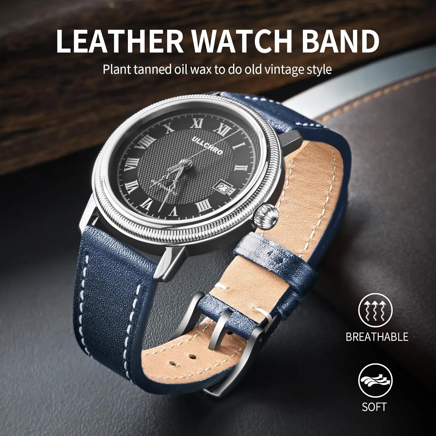 ULLCHRO Leather Watch Straps for Men & Women - Quick Release - Stainless Steel Buckle - Replacement Strap - Band With 17mm, 18mm, 19mm, 20mm, 21mm, 22mm