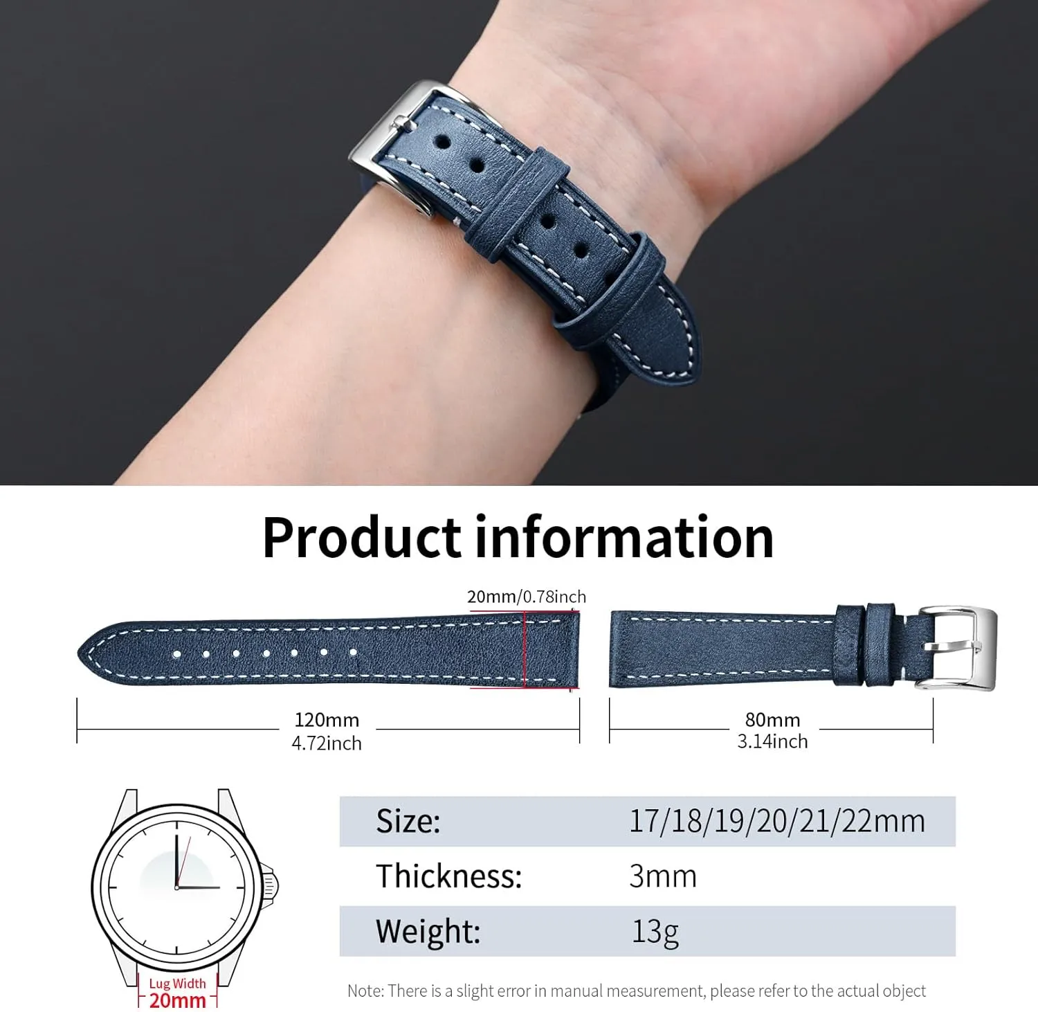 ULLCHRO Leather Watch Straps for Men & Women - Quick Release - Stainless Steel Buckle - Replacement Strap - Band With 17mm, 18mm, 19mm, 20mm, 21mm, 22mm