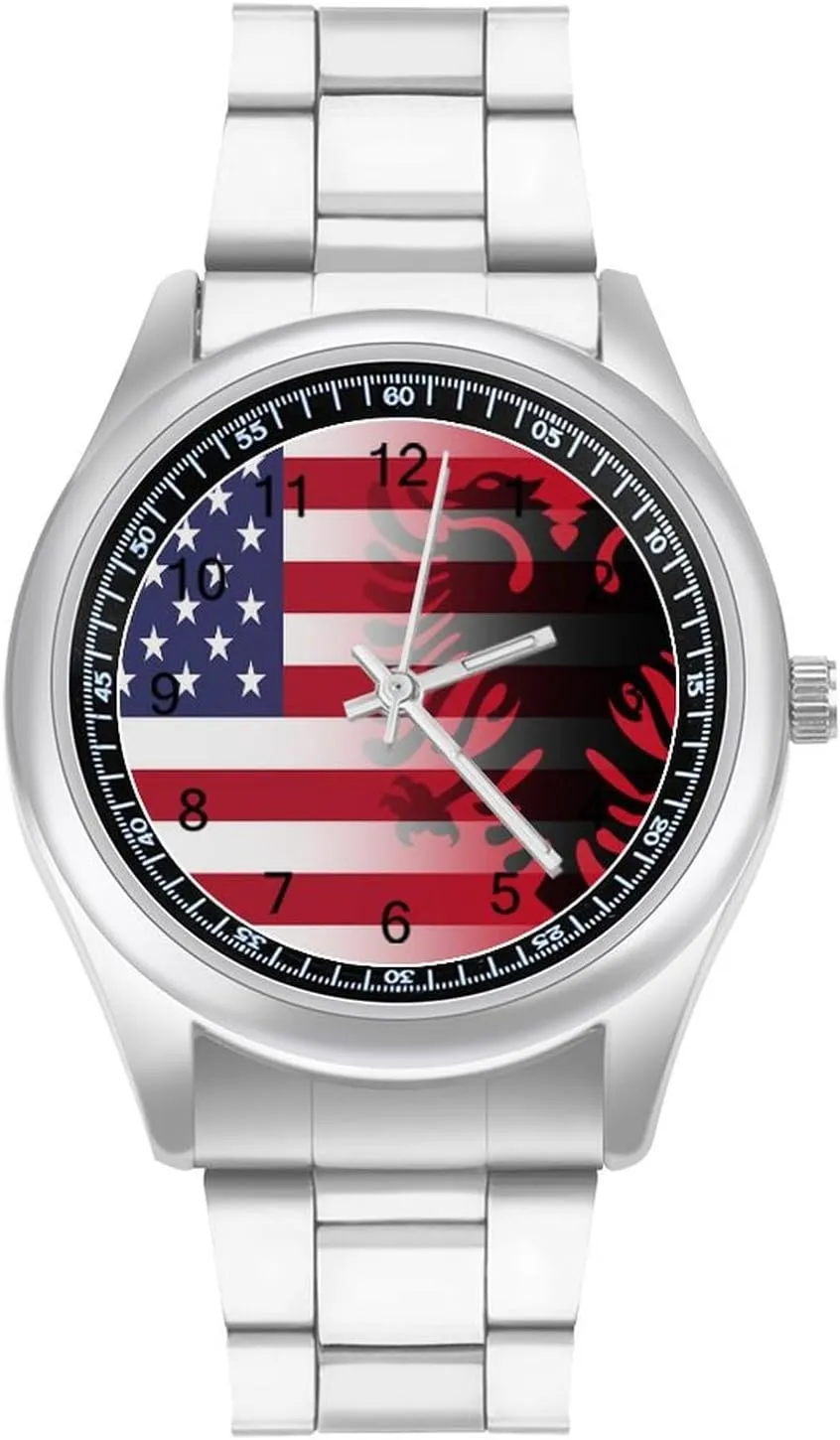 U.S.A. Albania Flag Casual Wrist Watches for Men Classic Business Dress Watch Big Face for Work Gym