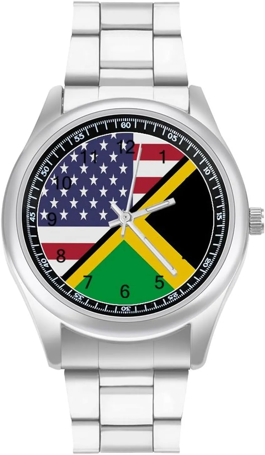 U.S.A and Jamaica Flag Casual Wrist Watches for Men Classic Business Dress Watch Big Face for Work Gym