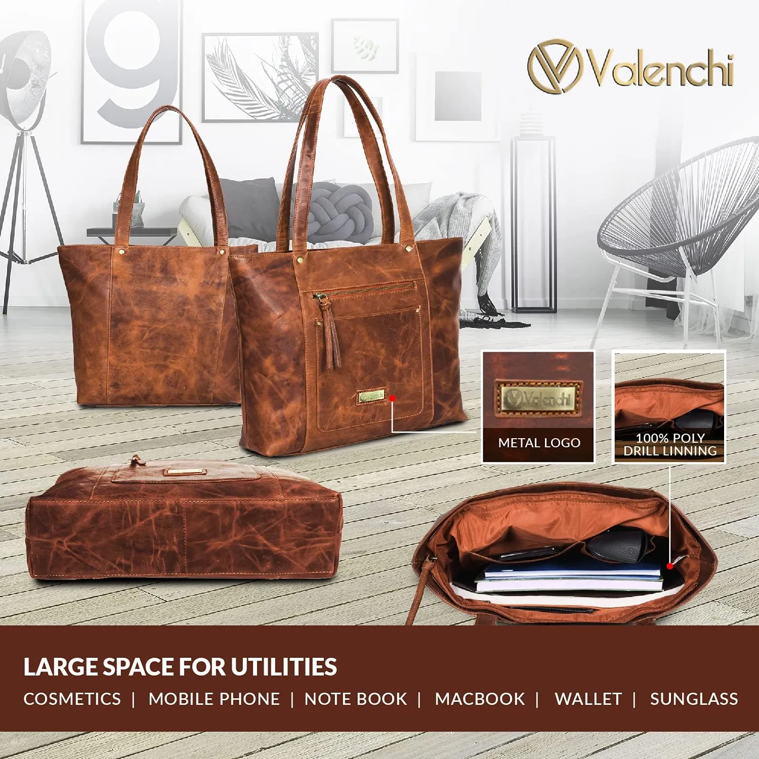 VALENCHI Genuine Leather Purse For Women - Real Leather Tote Bag For Women - Ladies Shoulder Bag For Work, Travel