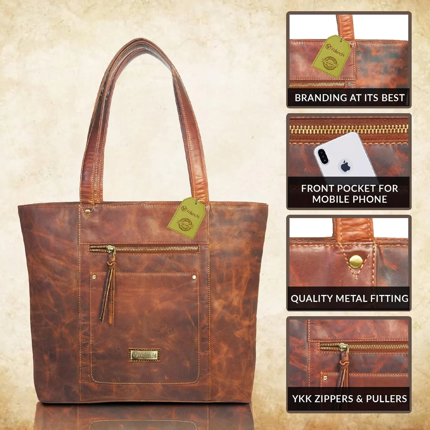 VALENCHI Genuine Leather Purse For Women - Real Leather Tote Bag For Women - Ladies Shoulder Bag For Work, Travel