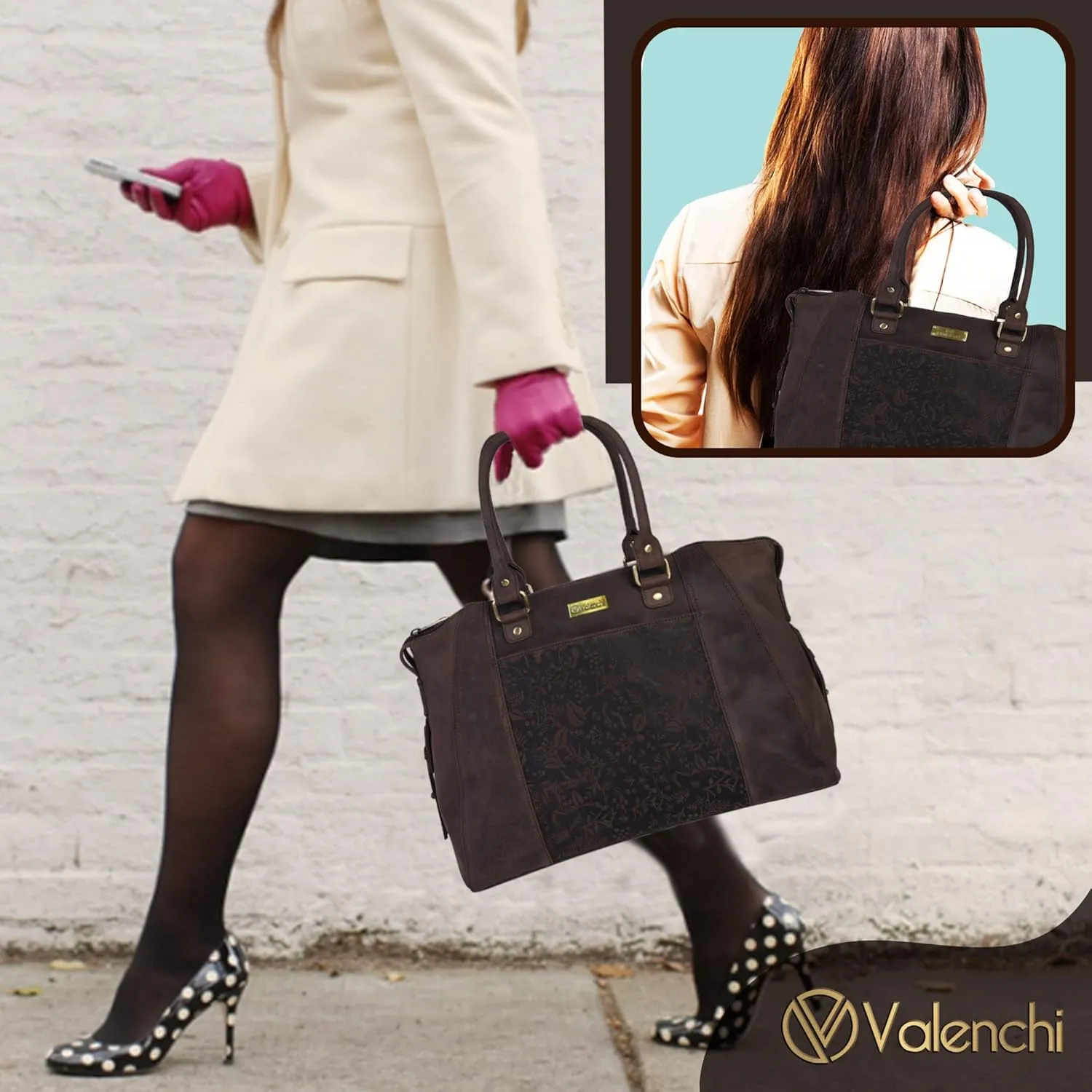 VALENCHI Genuine Leather Purse For Women - Real Leather Tote Bag For Women - Ladies Shoulder Bag For Work, Travel