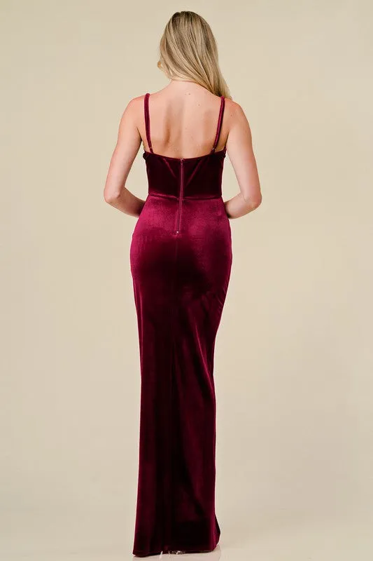 Velvet Sequin Sweatheart Ruched Side Maxi Dress