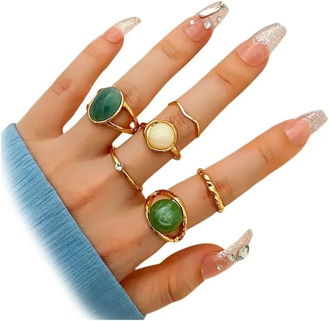 Vintage Boho Gem Stackable Statement Rings Set for Women Fashion Stacked Gems Stone Knuckle Ring Pack Green Hippie Unique Finger Thumb Jewelry Gifts
