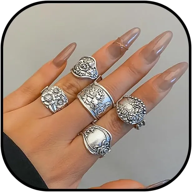 Vintage Chunky Rings Set for Women Gold Silver Bohemian Retro Stacked Rings Statement Hollow Carved Antique Rings Set Y2k Grunge Jewelry
