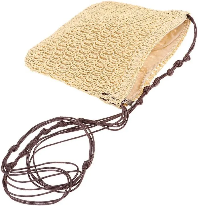 Vintage Handmade Straw Messenger Crossbody Bags Adjustable Paper Rope Polyester Cotton Cross-Body Bags Pefect Gift for Women (Beige)