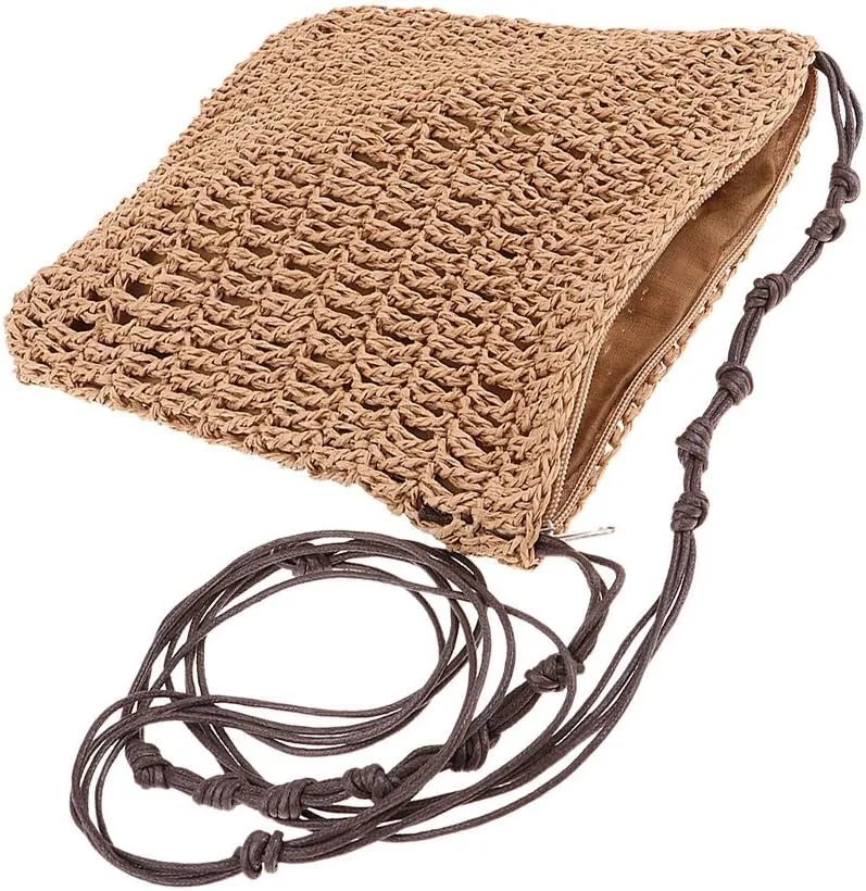Vintage Handmade Straw Messenger Crossbody Bags Adjustable Paper Rope Polyester Cotton Cross-Body Bags Pefect Gift for Women (Brown)