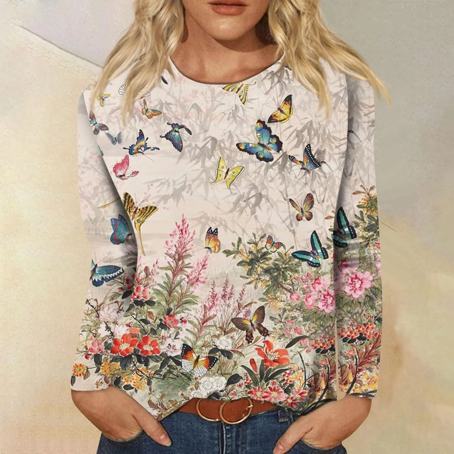 Vintage Tees for Women Women's Fashion Casual Round Neck Long Sleeve Printed T-Shirt Top