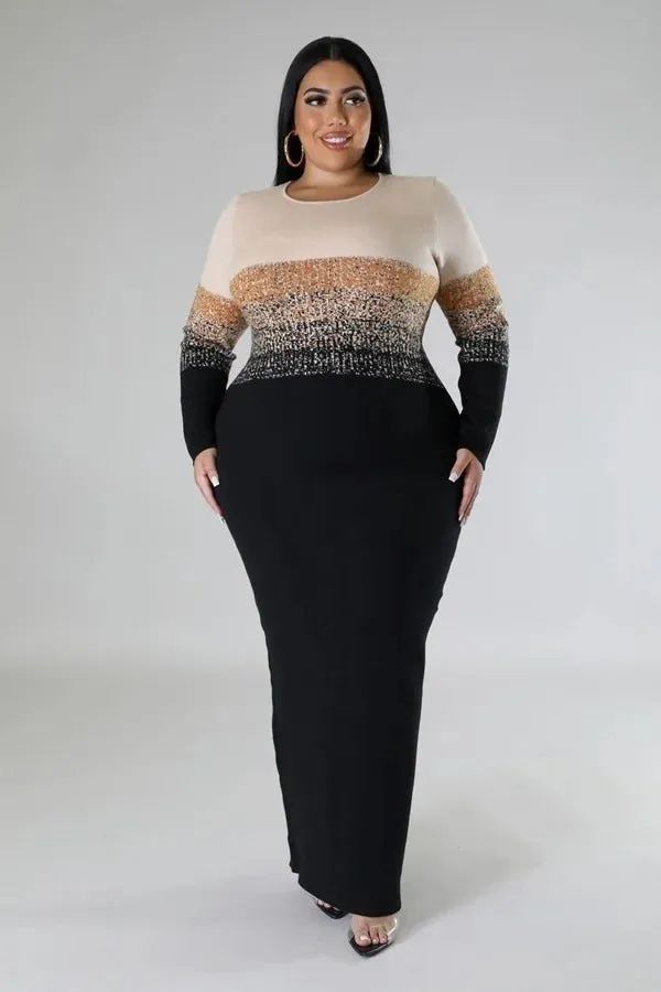 Voluptuous ( ) Ombre Stripe Round Neckline Semi-stretch Dress