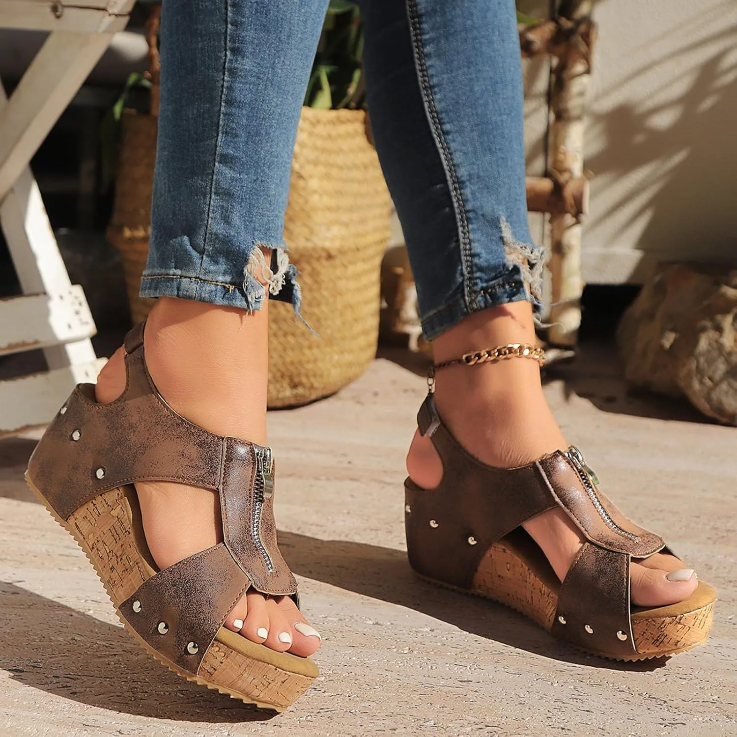 Wedge Sandals for Women 2025 Wide Width Platform Wedge Sandals Open Toe Buckle Ankle Strap Slingback Sandal, Arch Support Platform Comfort Wear Shoes with Zipper Casual Walking Shoes