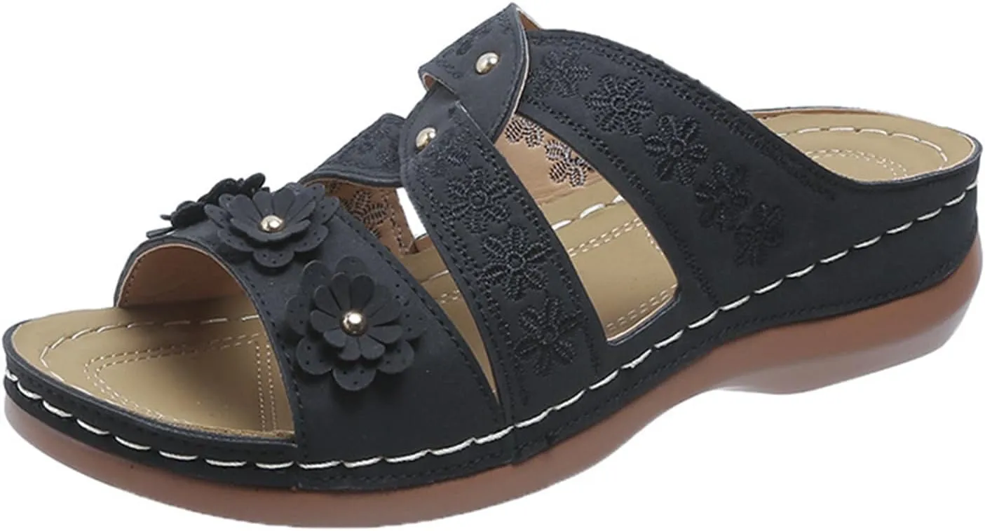 Wedge Sandals for Women Comfortable Orthopedic Sandals Casual Slip on Summer Shoes, Open Toe Flower Strap Platform Walking Slippers Beach Walking Sandal All Day Comfort