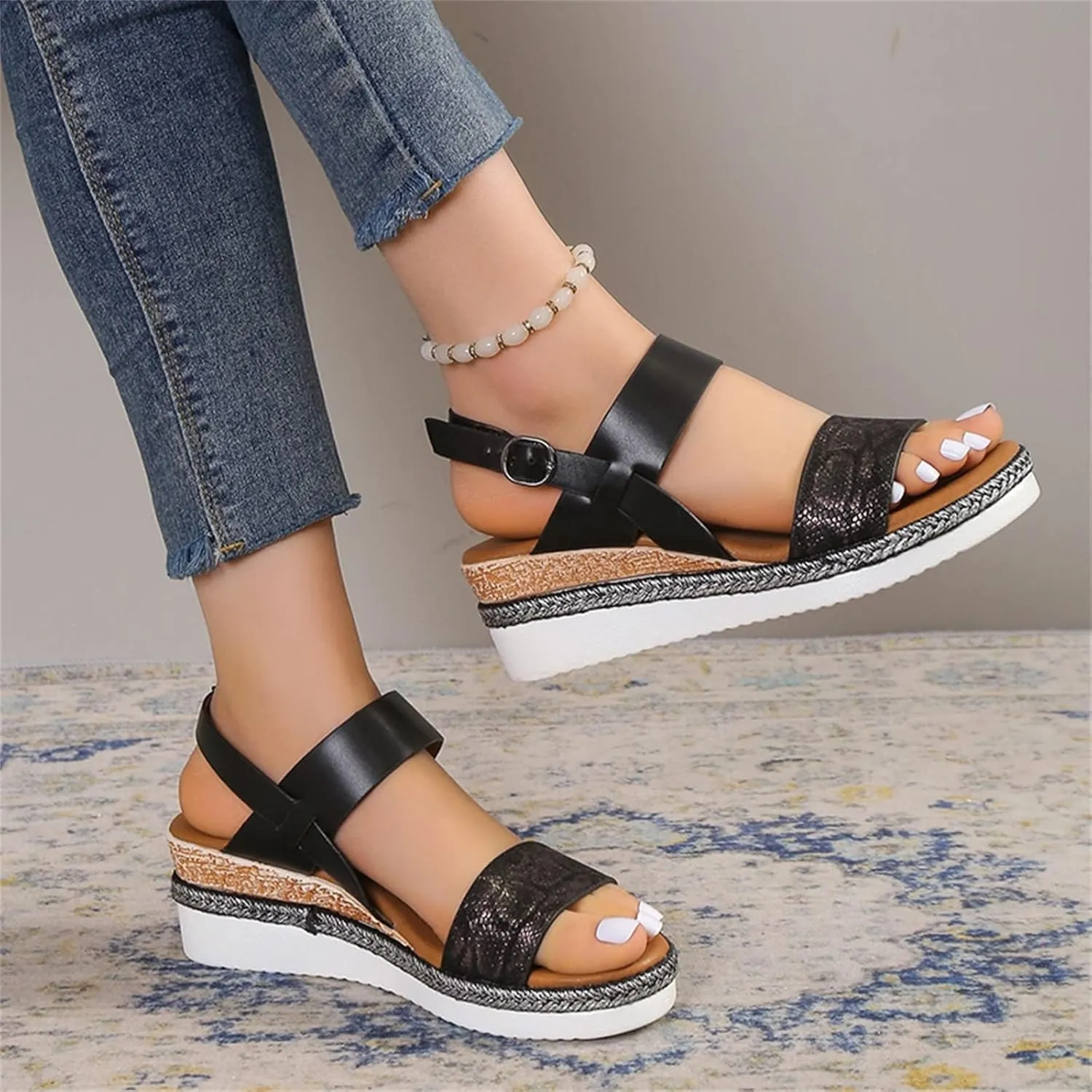 Wedge Sandals for Women Platform Wedge Heels Summer Ankle Strap Comfort Sole Open Toe Flat Orthopedic Sandals for Women Beach Casual Slip On Sandal Beach Dress Comfortable Breathable Footwear