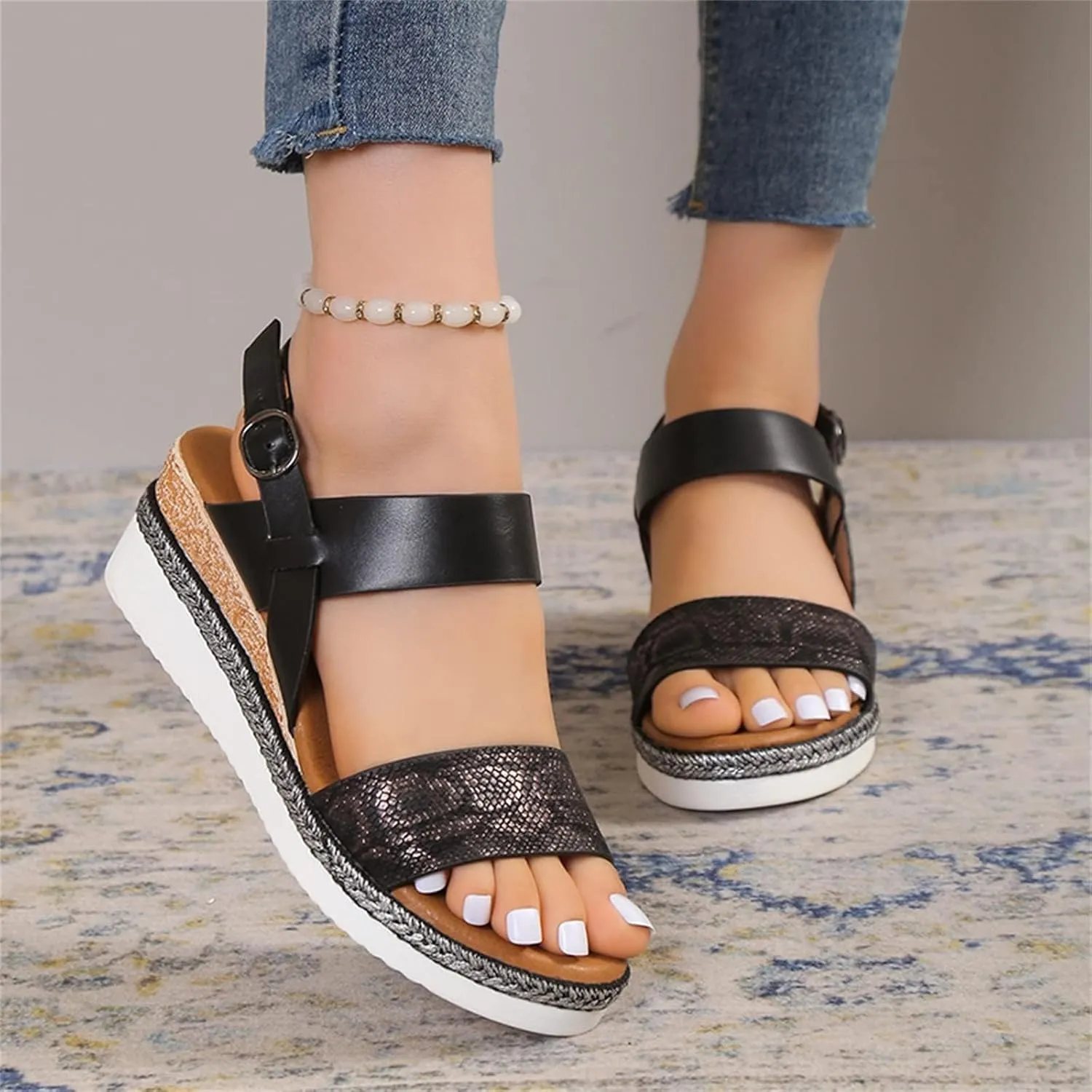 Wedge Sandals for Women Platform Wedge Heels Summer Ankle Strap Comfort Sole Open Toe Flat Orthopedic Sandals for Women Beach Casual Slip On Sandal Beach Dress Comfortable Breathable Footwear