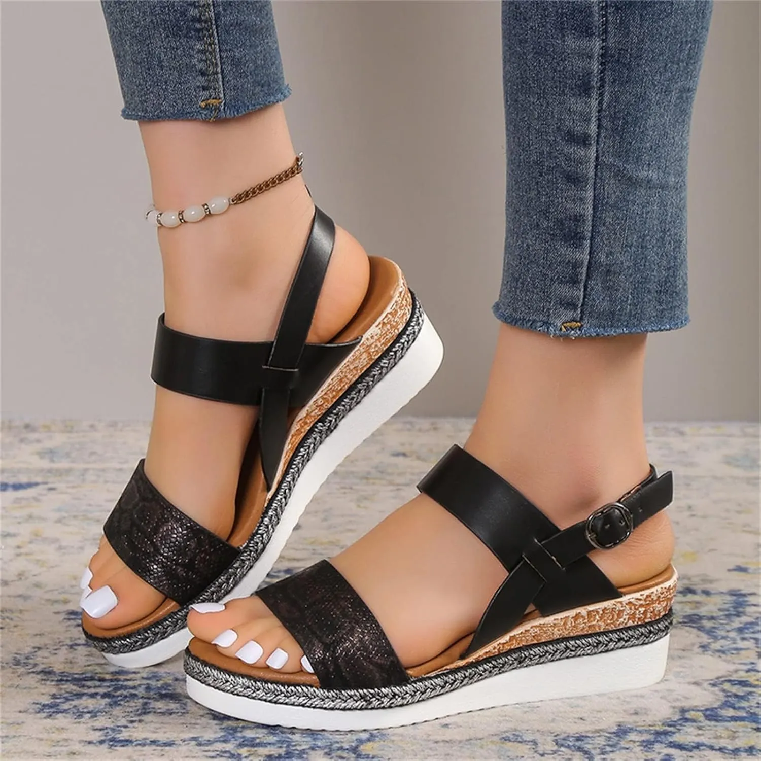 Wedge Sandals for Women Platform Wedge Heels Summer Ankle Strap Comfort Sole Open Toe Flat Orthopedic Sandals for Women Beach Casual Slip On Sandal Beach Dress Comfortable Breathable Footwear
