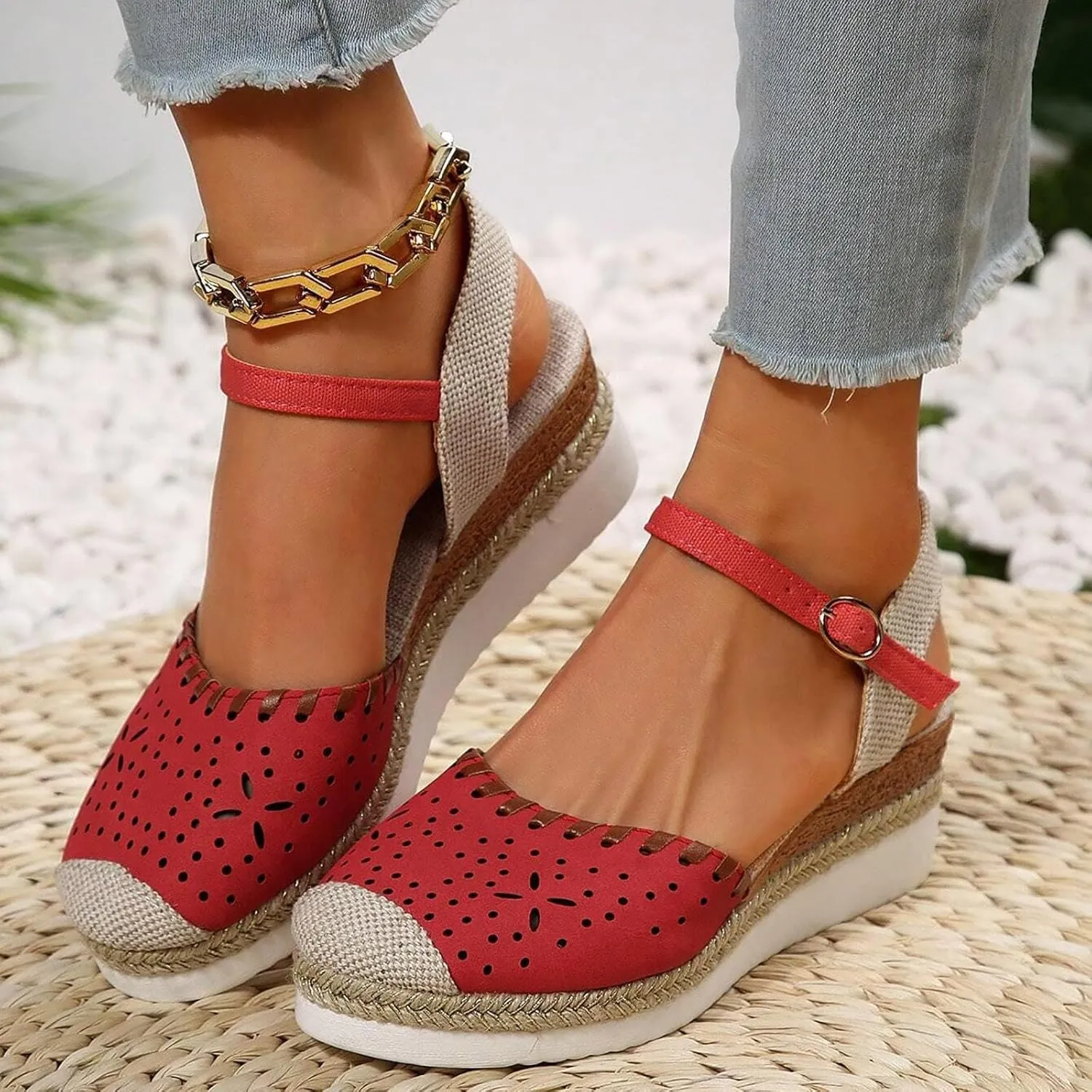 Wedge Sandals for Women Summer Arch Support Orthopedic Sandals, Hollow Open Toe Breathable Sandal Comfortable Ankle Strap Platform Sandal Slip on Outdoor Shoes