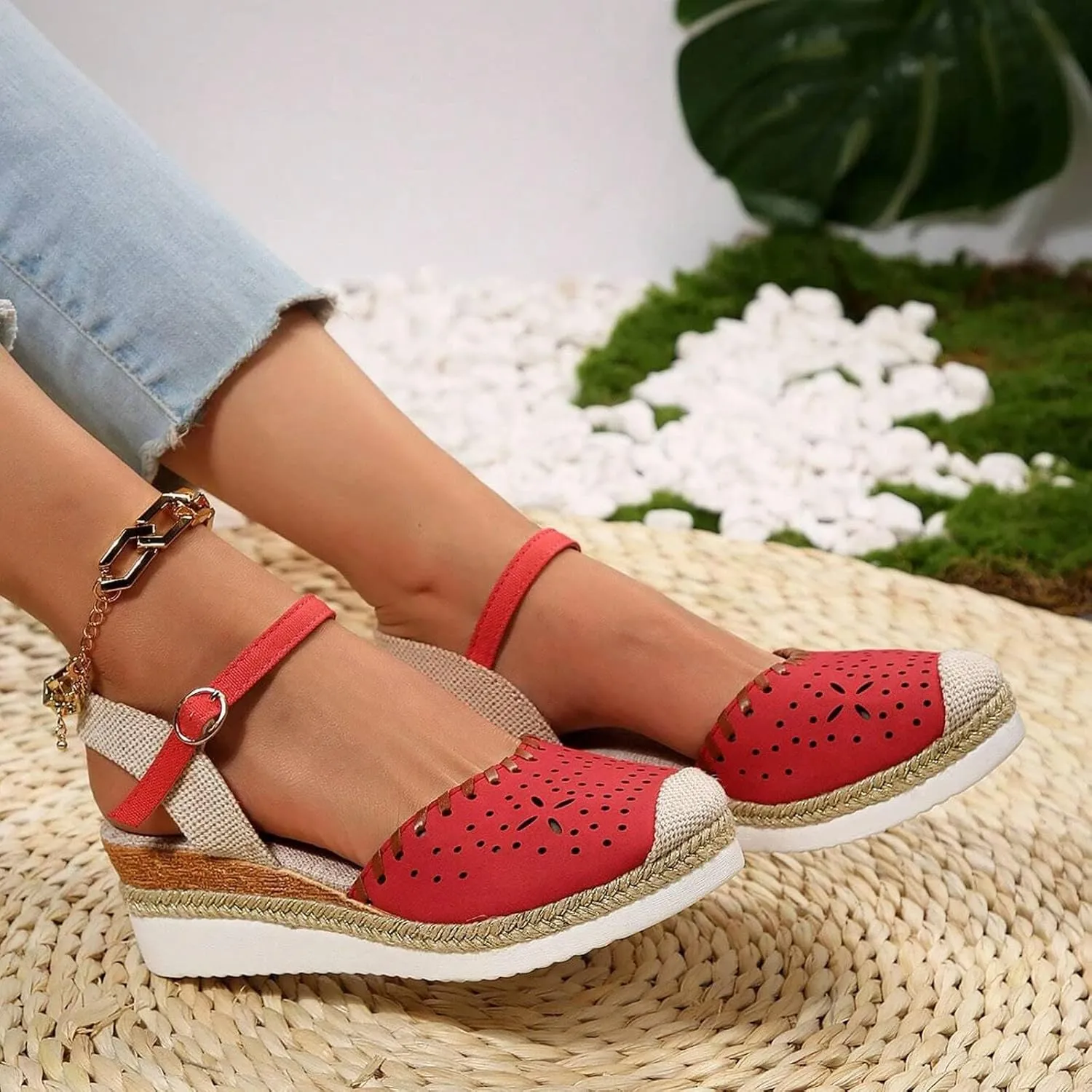 Wedge Sandals for Women Summer Arch Support Orthopedic Sandals, Hollow Open Toe Breathable Sandal Comfortable Ankle Strap Platform Sandal Slip on Outdoor Shoes